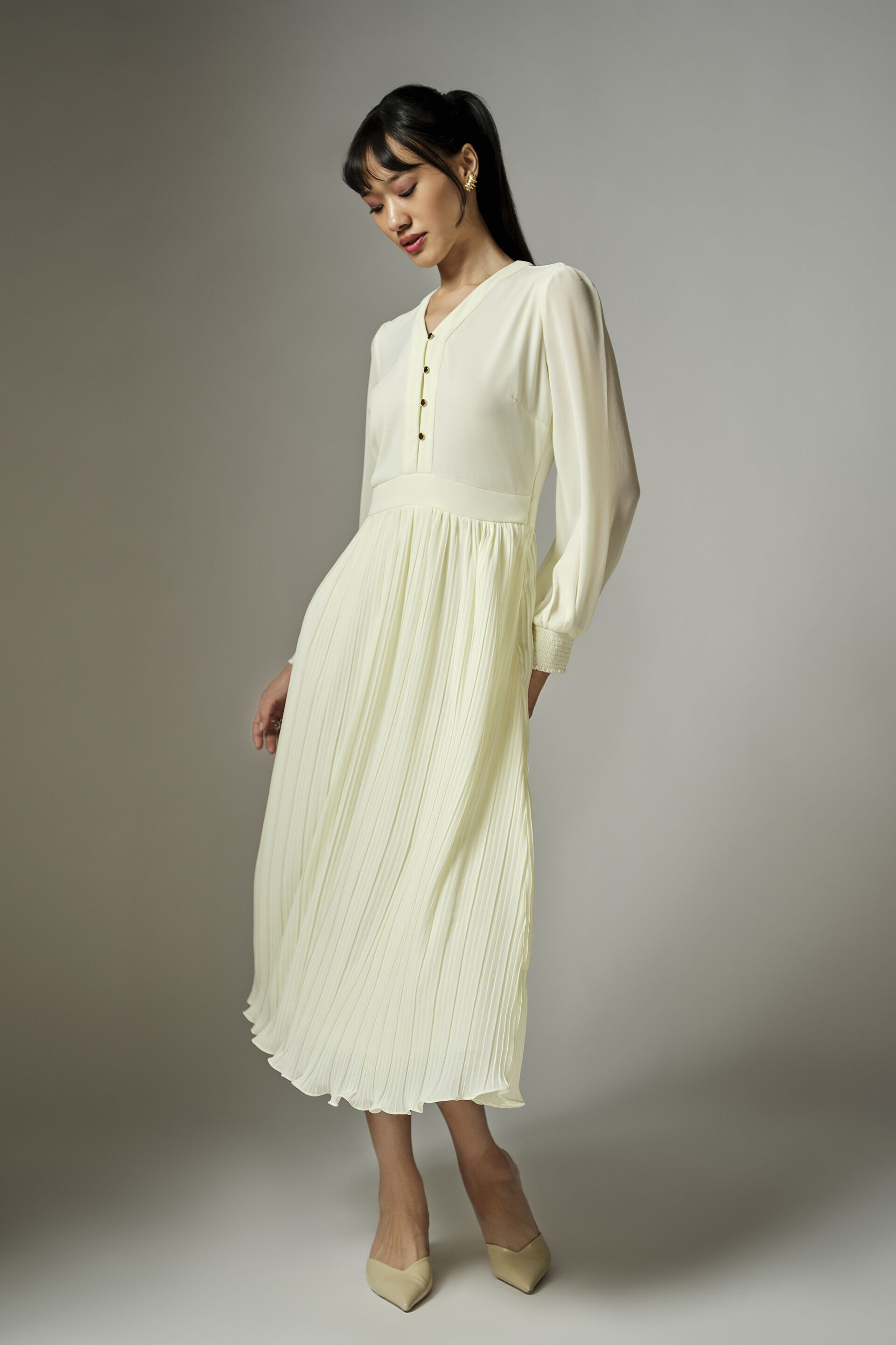 Gloria Cream Pleated Dress, White, image 2